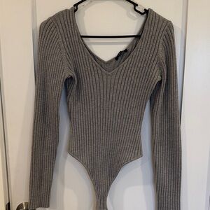 Gray Ribbed Long Sleeve Bodysuit